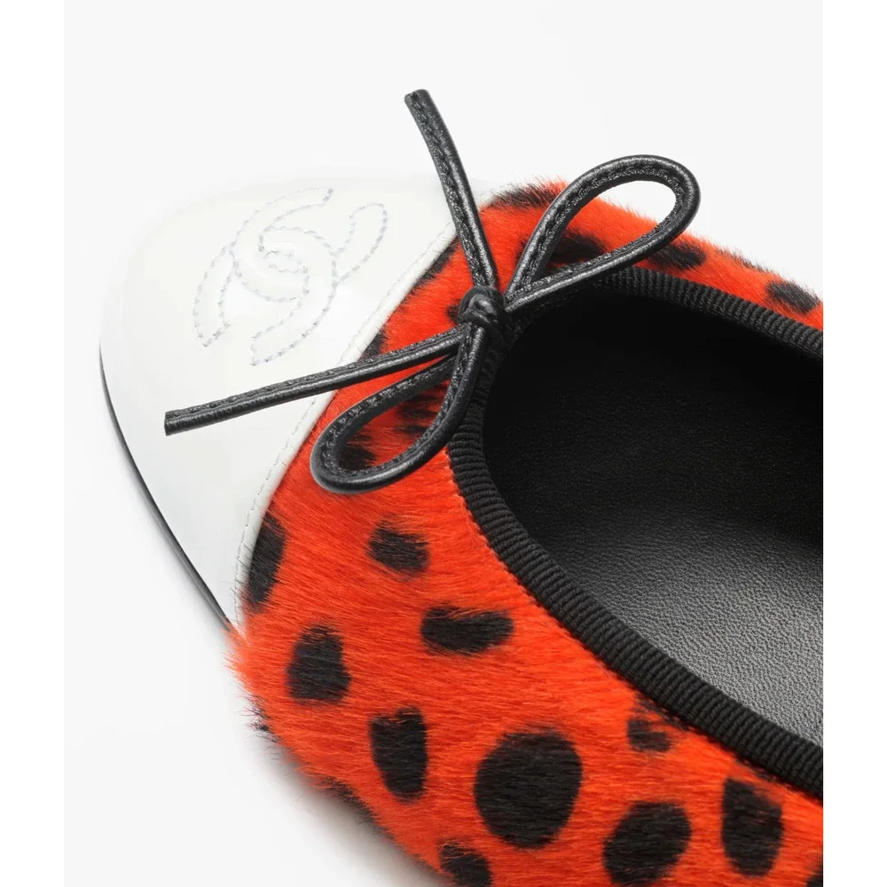 Chanel 26A Orange Leopard Pony Fur Black White CC Logo Ballet Ballerina Flat 39